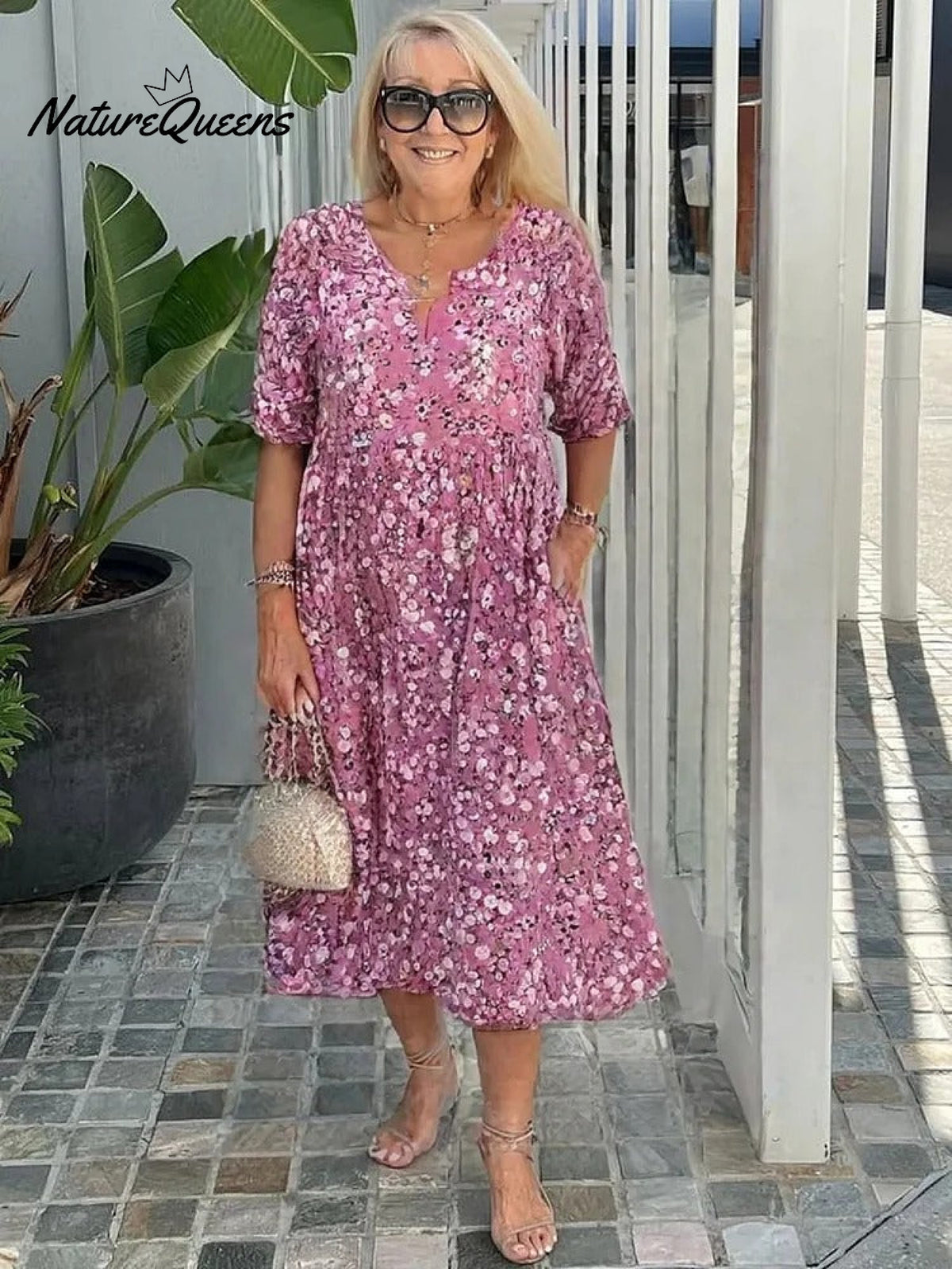 Women's Crushed Flower Printing V-Neck Medium and Long Dress Short Sleeve Dress