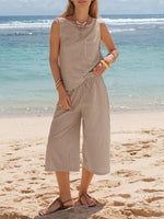 Women'S Round-Neck Striped Sleeveless Top And Capri Pants Two-Piece Set