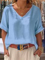 Crew Neck Short Sleeve Plain Regular Loose Tunic Blouse For Women