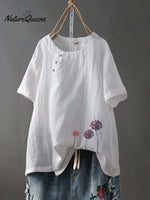 Women’s Embroidered Cotton And Linen O - Neck Button Short Sleeve Blouse White / M