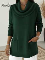 Cozy Loose Cowl Neck Knit Pocket Sweater Top