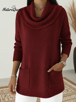 Cozy Loose Cowl Neck Knit Pocket Sweater Top