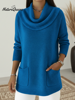 Cozy Loose Cowl Neck Knit Pocket Sweater Top