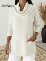 Cozy Loose Cowl Neck Knit Pocket Sweater Top