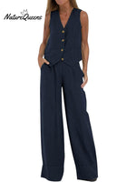 Women's Fashion Solid Color Vest Trousers Collage Stitching Cotton and Linen Casual Suit