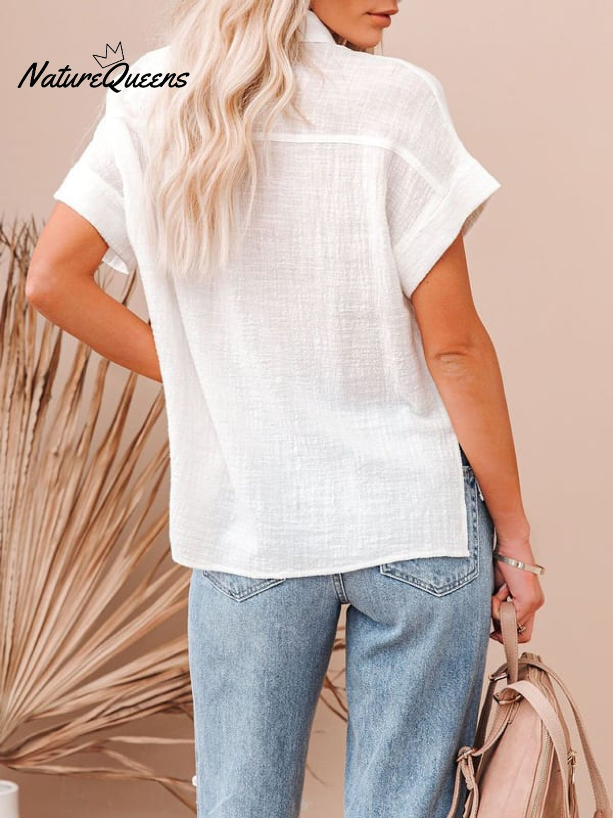 Women’s Cotton Linen Short Sleeves Ladies Lapel Buttoned Shirt