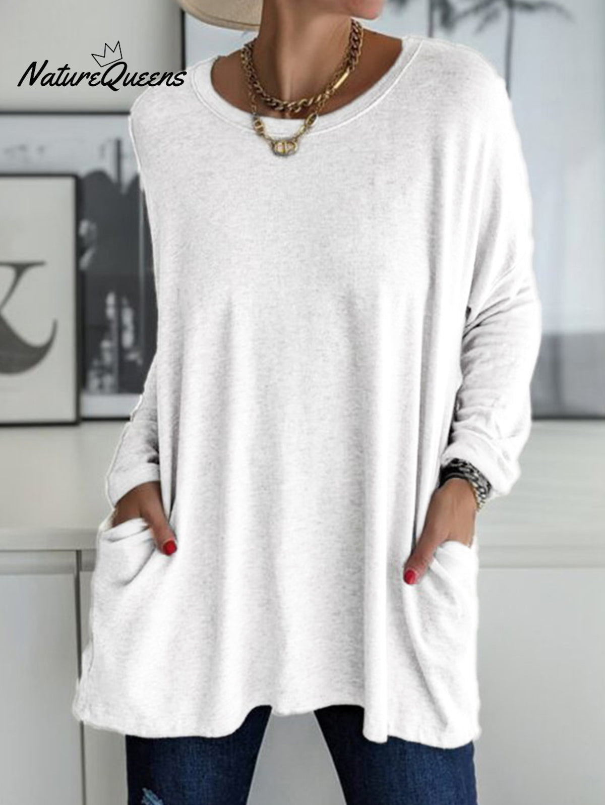 Casual Crew Neck With Pockets Loose Long Sleeve Blouse White / S
