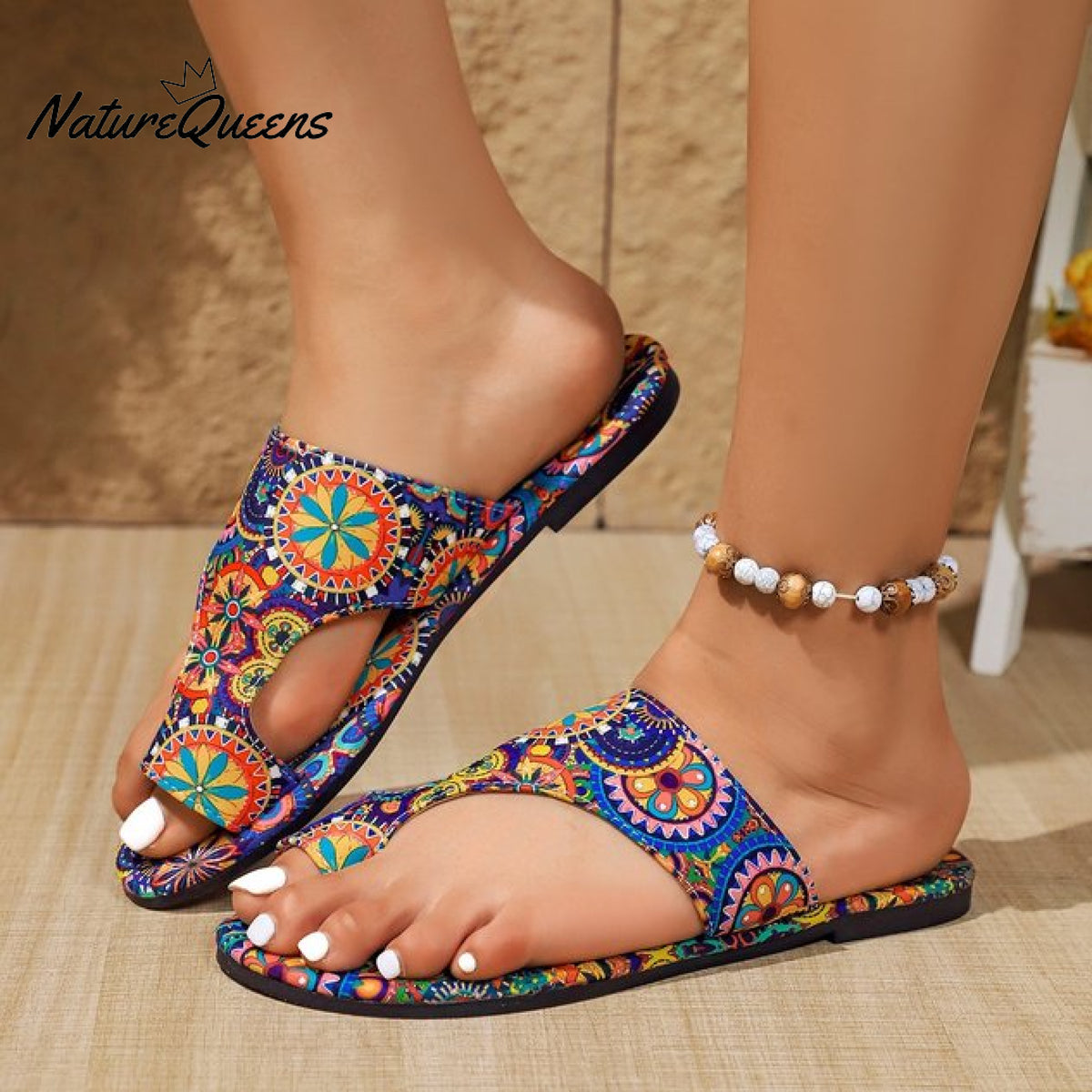 Ethnic Retro Flat Toe Slippers 2025 Summer New Breathable Printed Roman Style Slippers