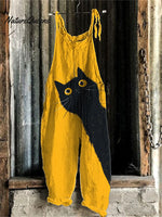 Funny Cat Print Linen Blend Casual Jumpsuit