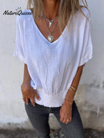 V-Neck Cotton-Linen Smocked Hem Tops (Buy 2 Free Shipping)