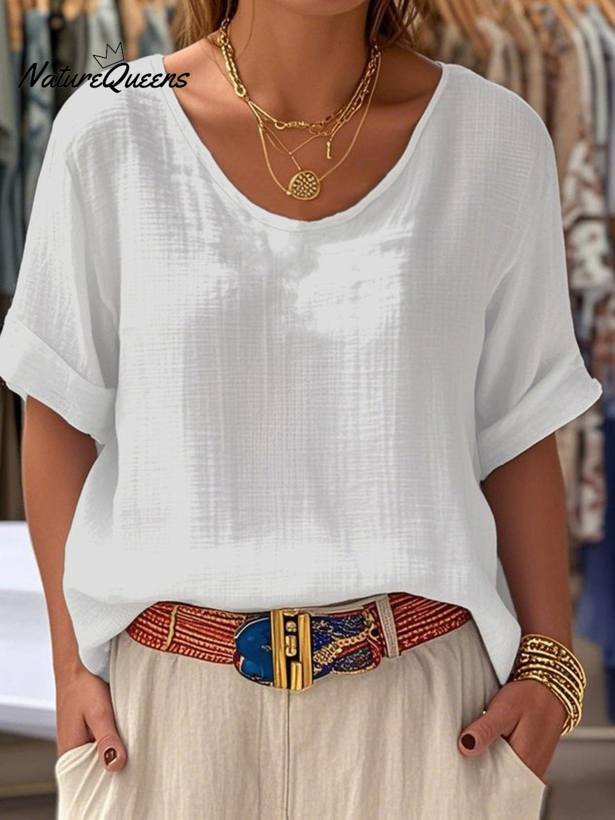 Crew Neck Short Sleeve Plain Regular Loose Tunic Blouse For Women