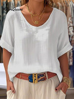 Crew Neck Short Sleeve Plain Regular Loose Tunic Blouse For Women