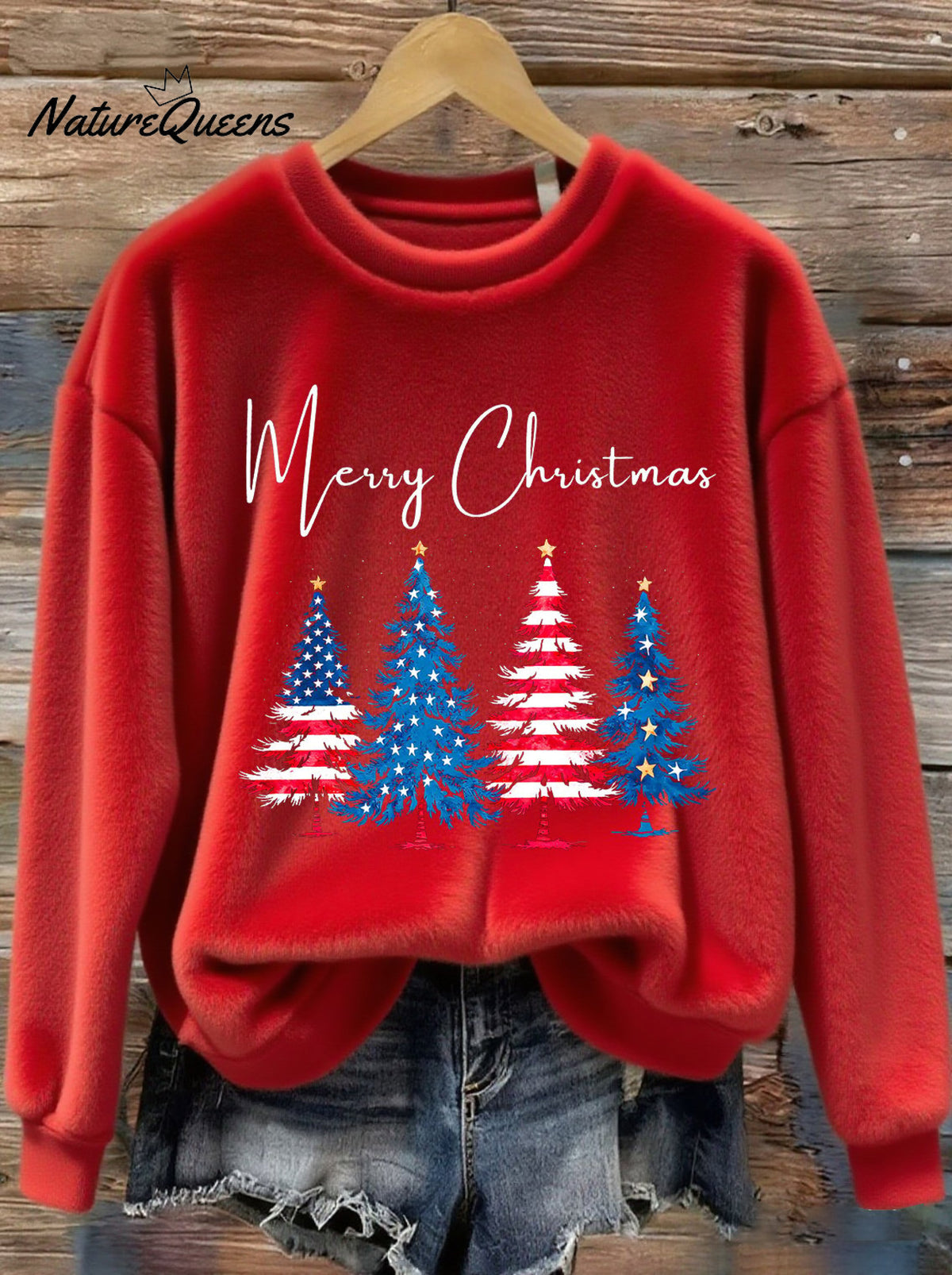 Women's Patriotic Christmas Tree With American Flag Colors Print Round Neck Sweatshirt