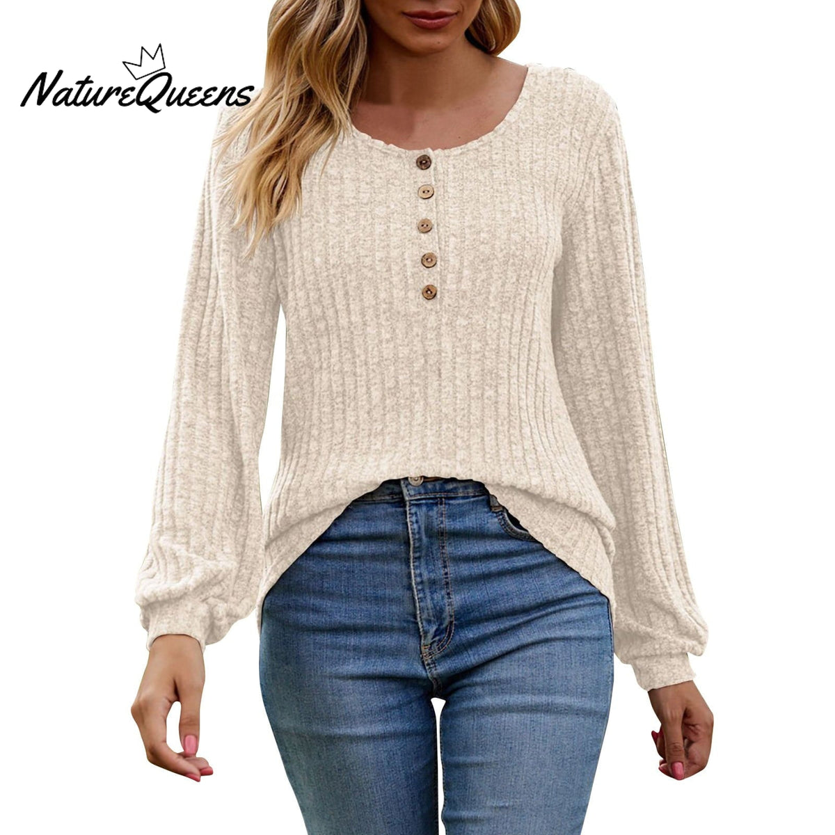 Women's Fall Button Scoop Neck Puff Long Sleeve Henley Shirts