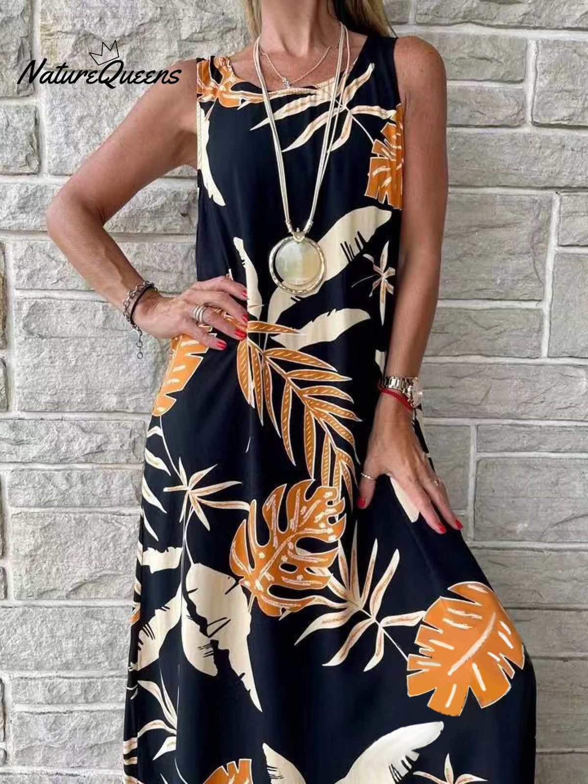 New Round Neck Sleeveless Leaf Print Splicing Personality Insert Pocket Loose Type Temperament