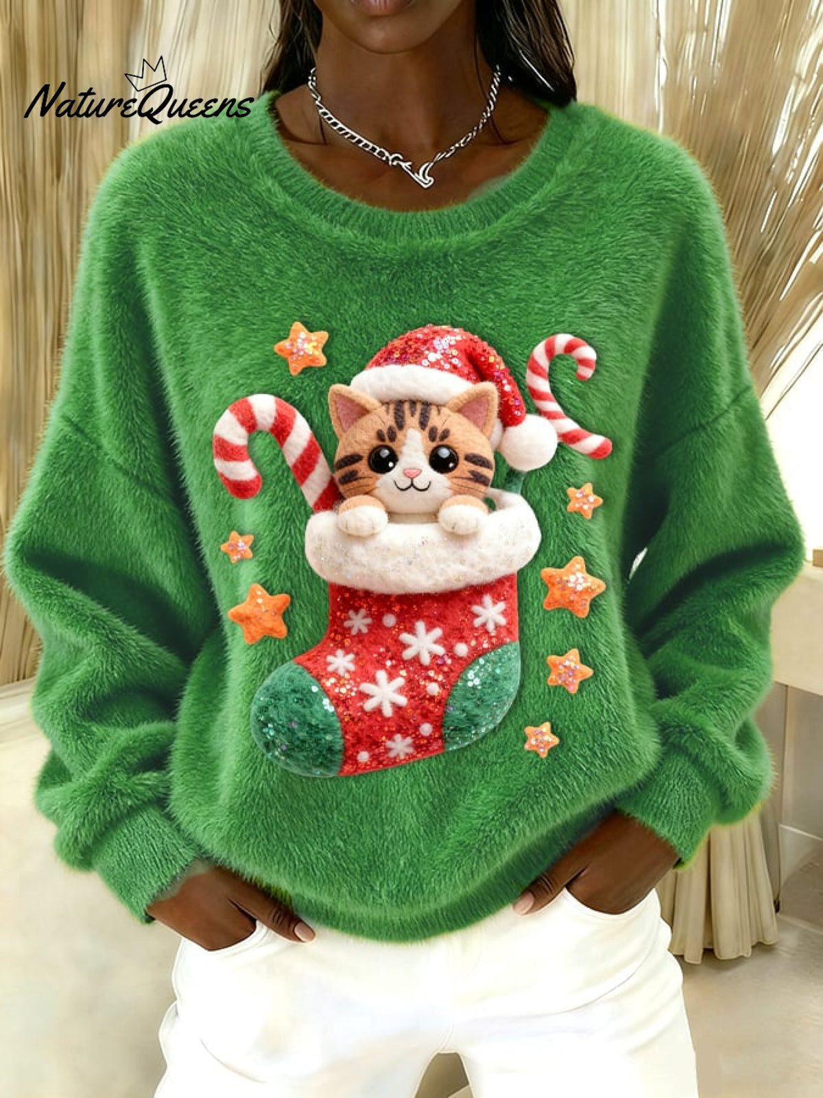 Women's Vintage Christmas Cute Cat Print Sweater
