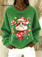 Women's Vintage Christmas Cute Cat Print Sweater