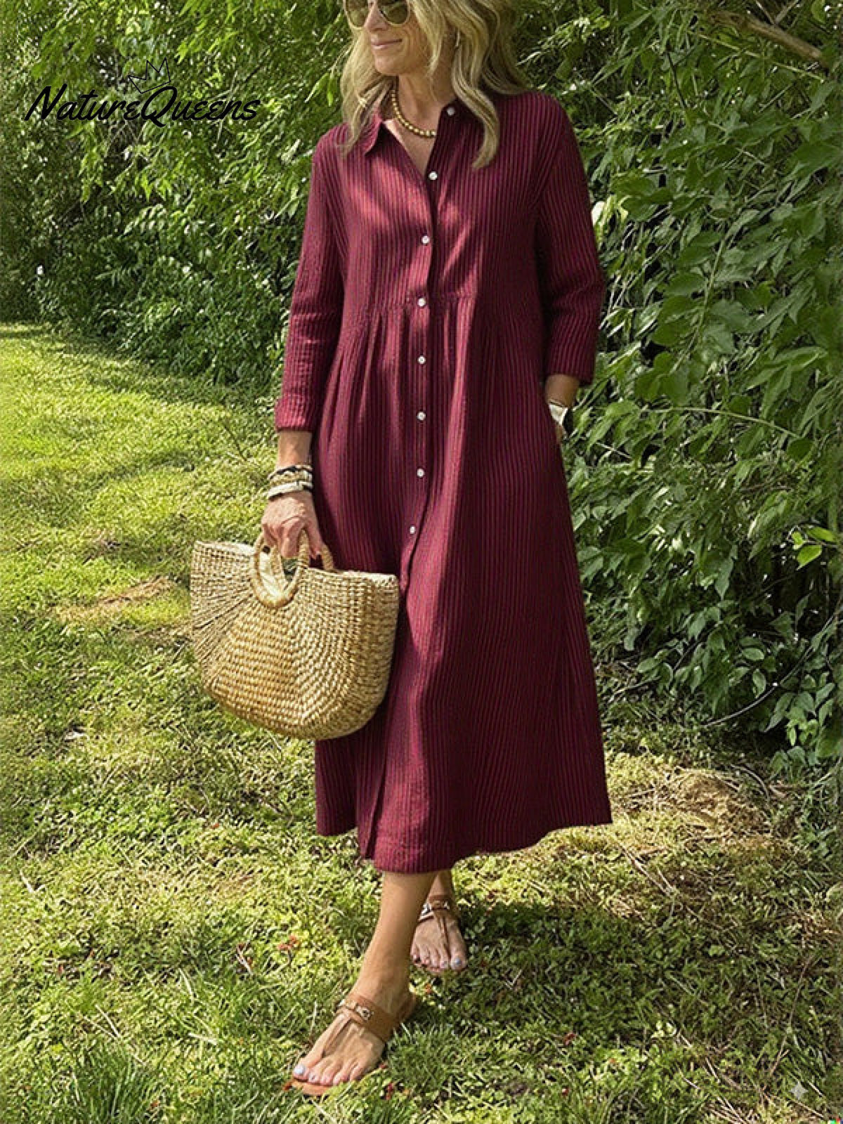 NEW🔥 Long Sleeve Striped Lapel Button Down Dress