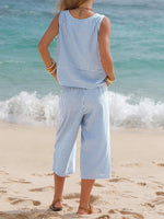 Women'S Round-Neck Striped Sleeveless Top And Capri Pants Two-Piece Set