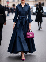 Elegant Long-sleeved Shirt-style Tie Maxi Dress