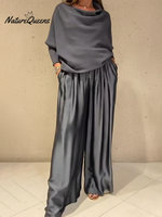 Elegant Off-shoulder Sweater and Satin Wide-leg Pants Two-piece Suit
