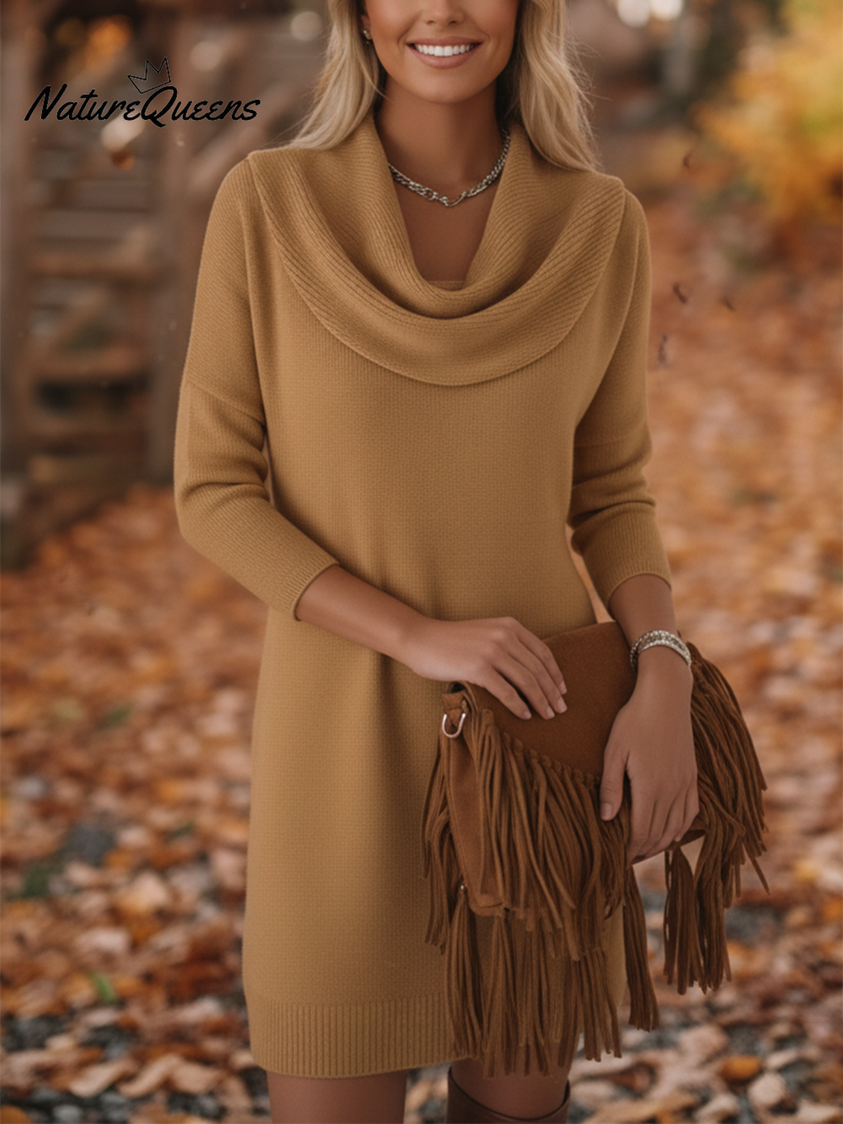Elegant and Soft Solid Color Cowl Neck Knit Dress
