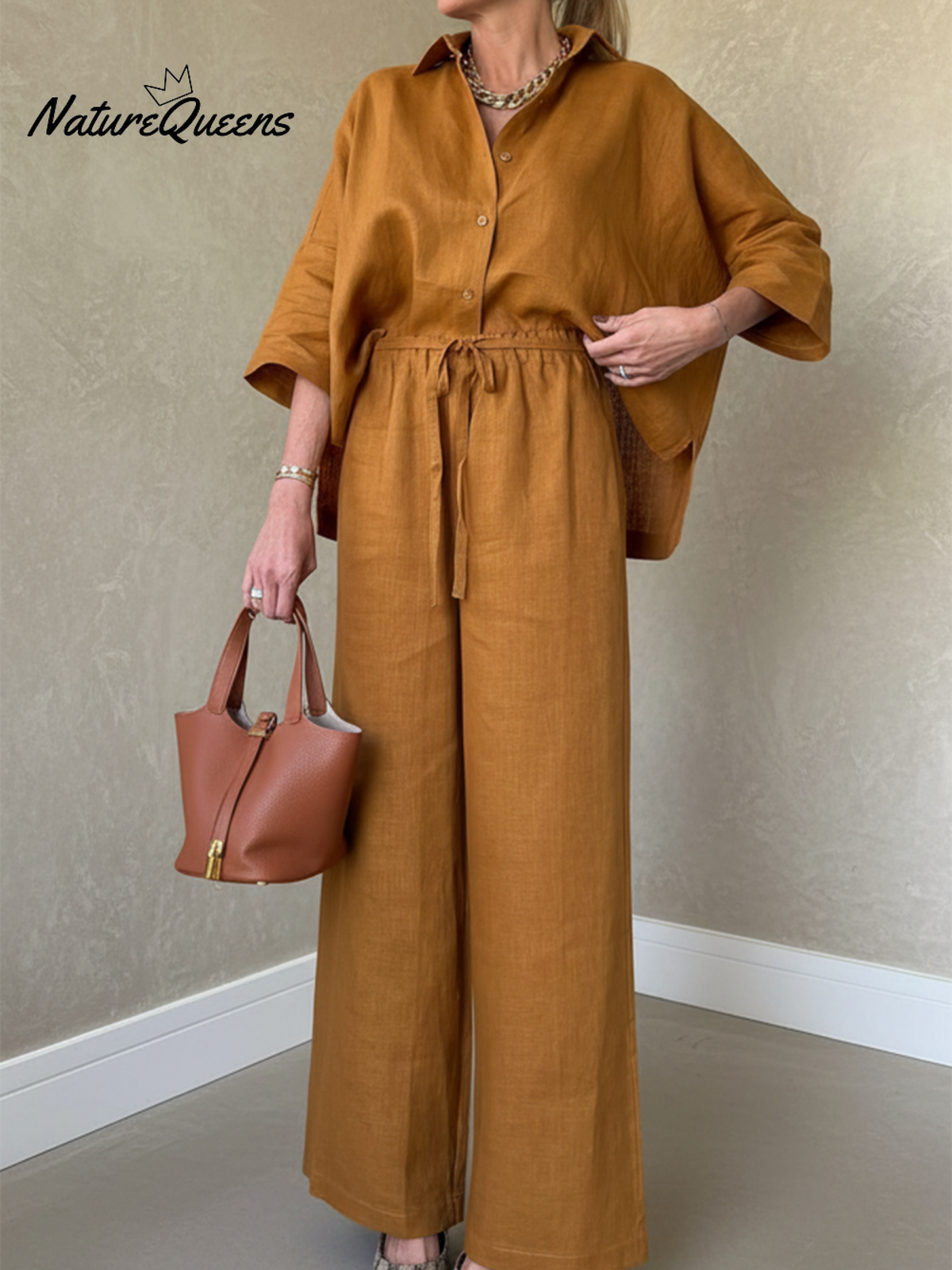 Women's Casual Solid Color Linen Shirt Wide-leg Pants Two-piece Suit