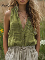Women'sCotton and Linen Solid Color V-Neck Pocket Sleeveless Shirt