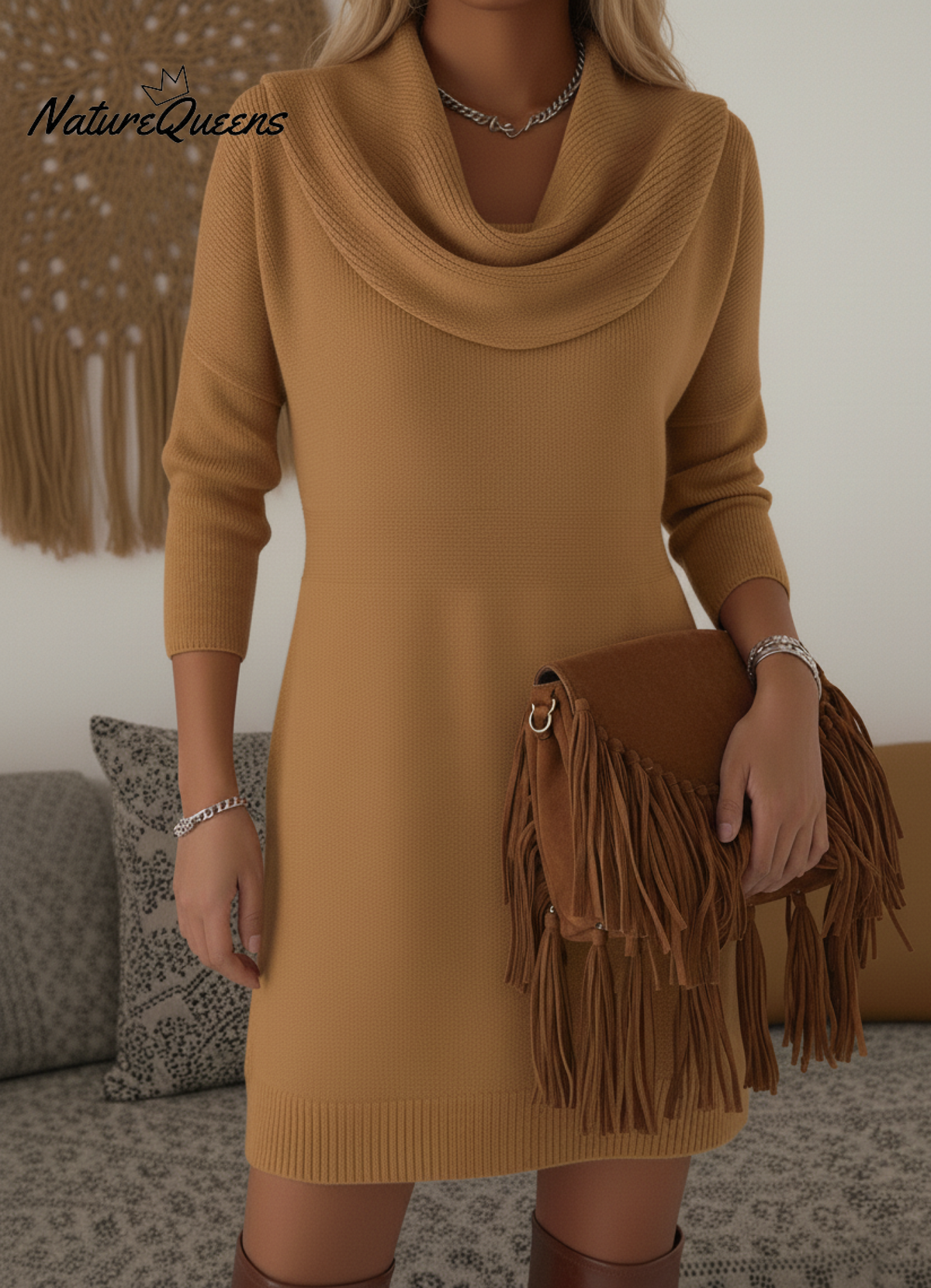 Elegant and Soft Solid Color Cowl Neck Knit Dress
