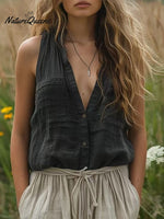 Women'sCotton and Linen Solid Color V-Neck Pocket Sleeveless Shirt