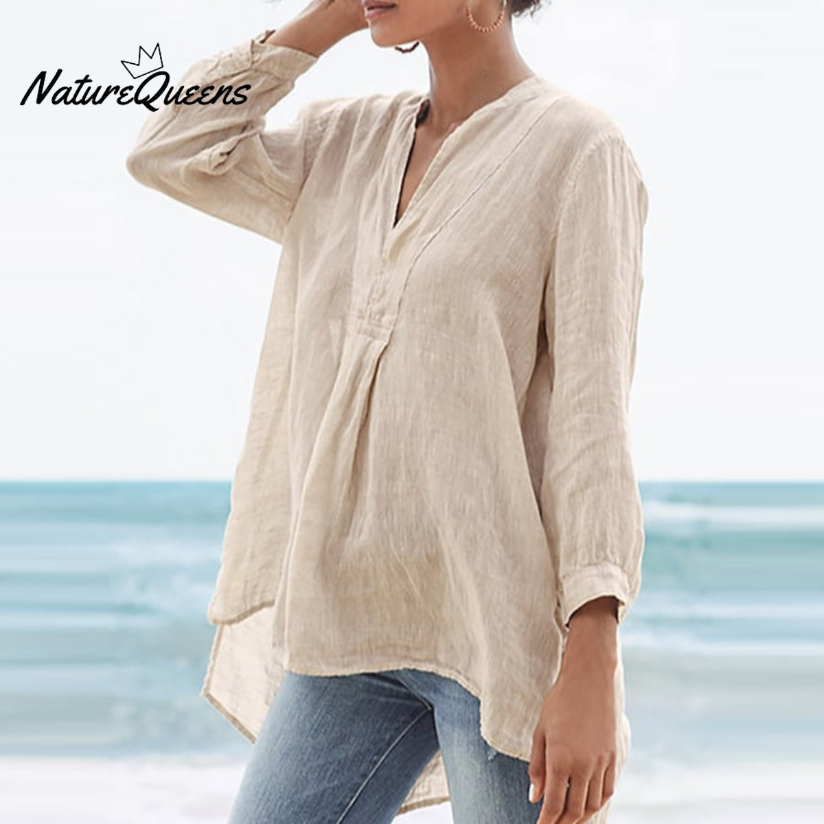Ladies Casual Simple Style Cotton Linen Shirt Beige / S