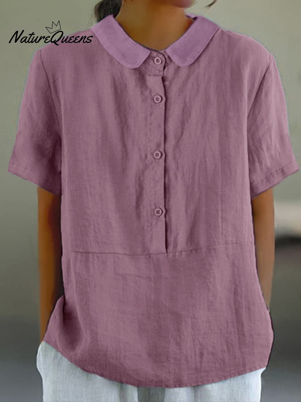 Women’s Solid Color Cotton And Linen Lapel Short Sleeved Casual Blouse Purple / M