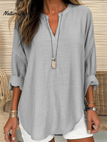 Women’s Cotton Long Sleeve Round Neck Solid Color Loose Beach Shirt Grey / S