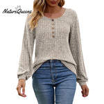 Women's Fall Button Scoop Neck Puff Long Sleeve Henley Shirts