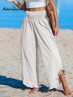 Women's High-Waist Pleated Irregular Hem Cotton And Linen Loose Casual Pants