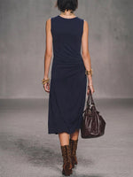 Women's Solid-color V-neck Sleeveless Loose-fit Cotton Casual Dress