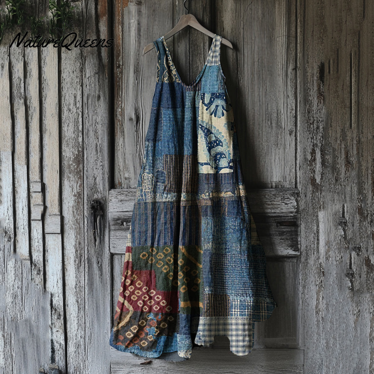 Women's Japanese Traditional Sashiko In Floral Patchwork Art Cotton And Linen Dress