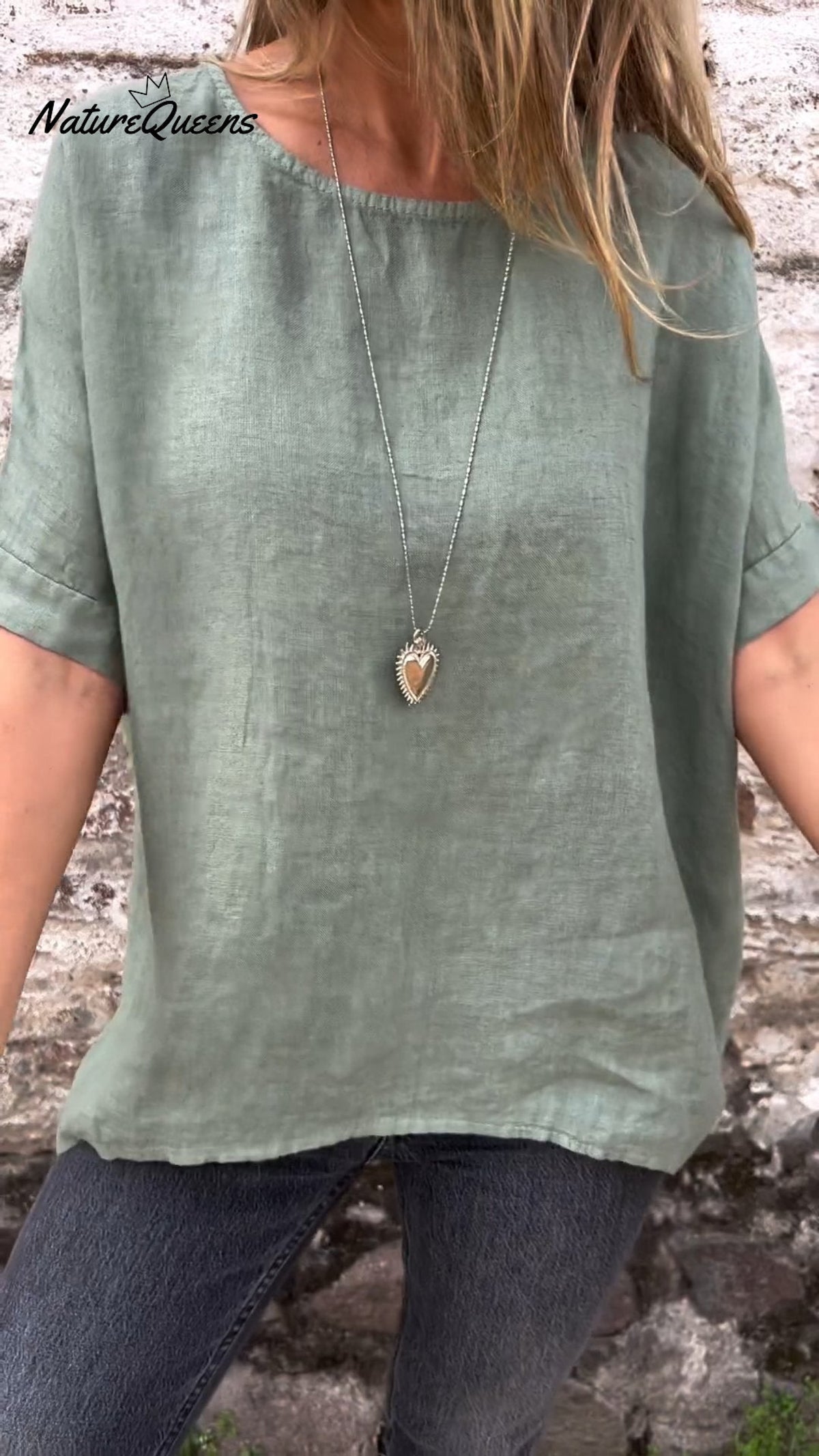 Solid Color Round Neck Half-sleeved Cotton Linen Blouse