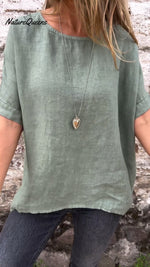 Solid Color Round Neck Half-sleeved Cotton Linen Blouse
