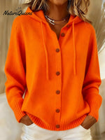 Women's Casual Retro Solid Color Knitted Hooded Cardigan