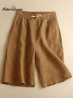 Loose Casual Cotton Linen Wide Leg Capris Khaki / S