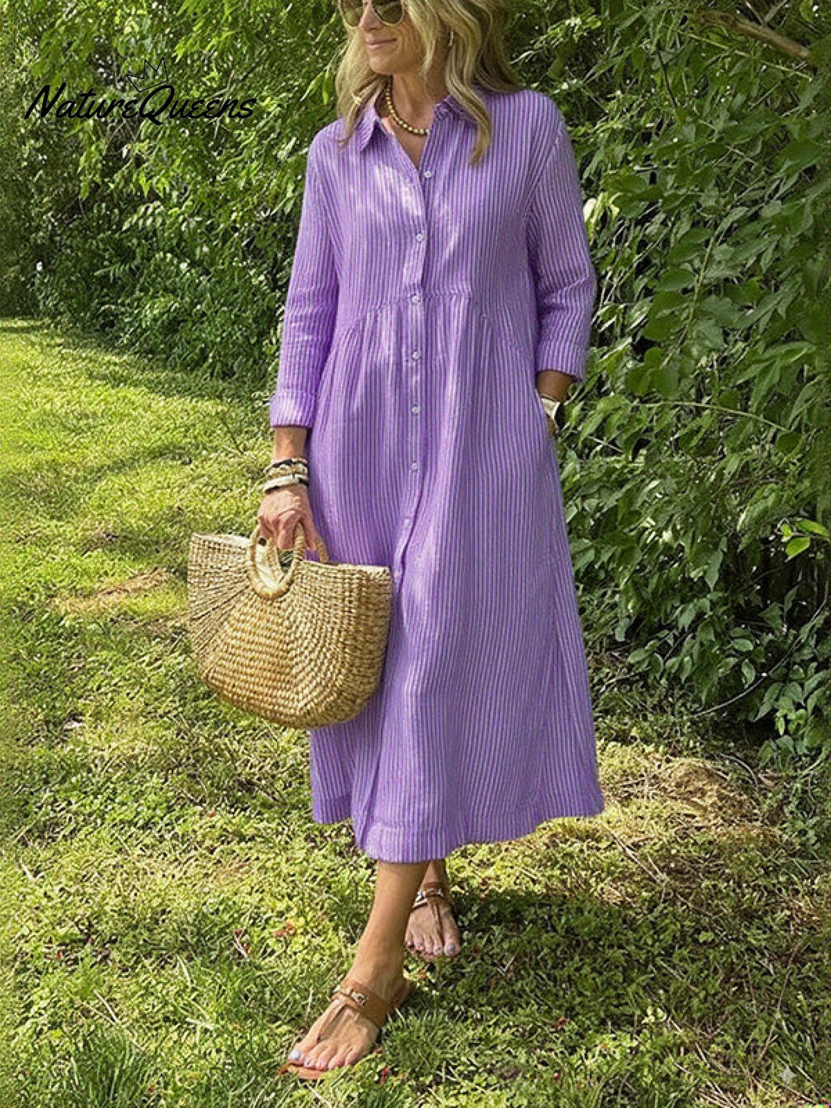 NEW🔥 Long Sleeve Striped Lapel Button Down Dress