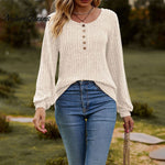 Women's Fall Button Scoop Neck Puff Long Sleeve Henley Shirts