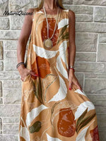 New Round Neck Sleeveless Leaf Print Splicing Personality Insert Pocket Loose Type Temperament