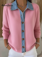Denim Patchwork Polo Collar Button-down Knitted Cardigan Sweater