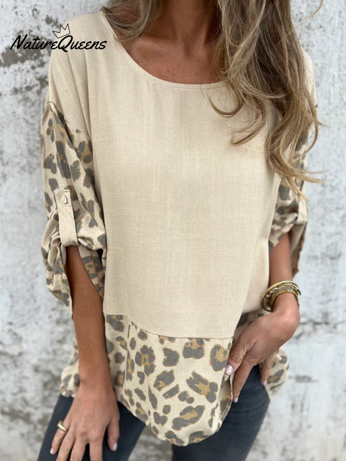 Leopard Print Long-sleeved Cotton and Linen Top