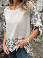 Leopard Print Long-sleeved Cotton and Linen Top