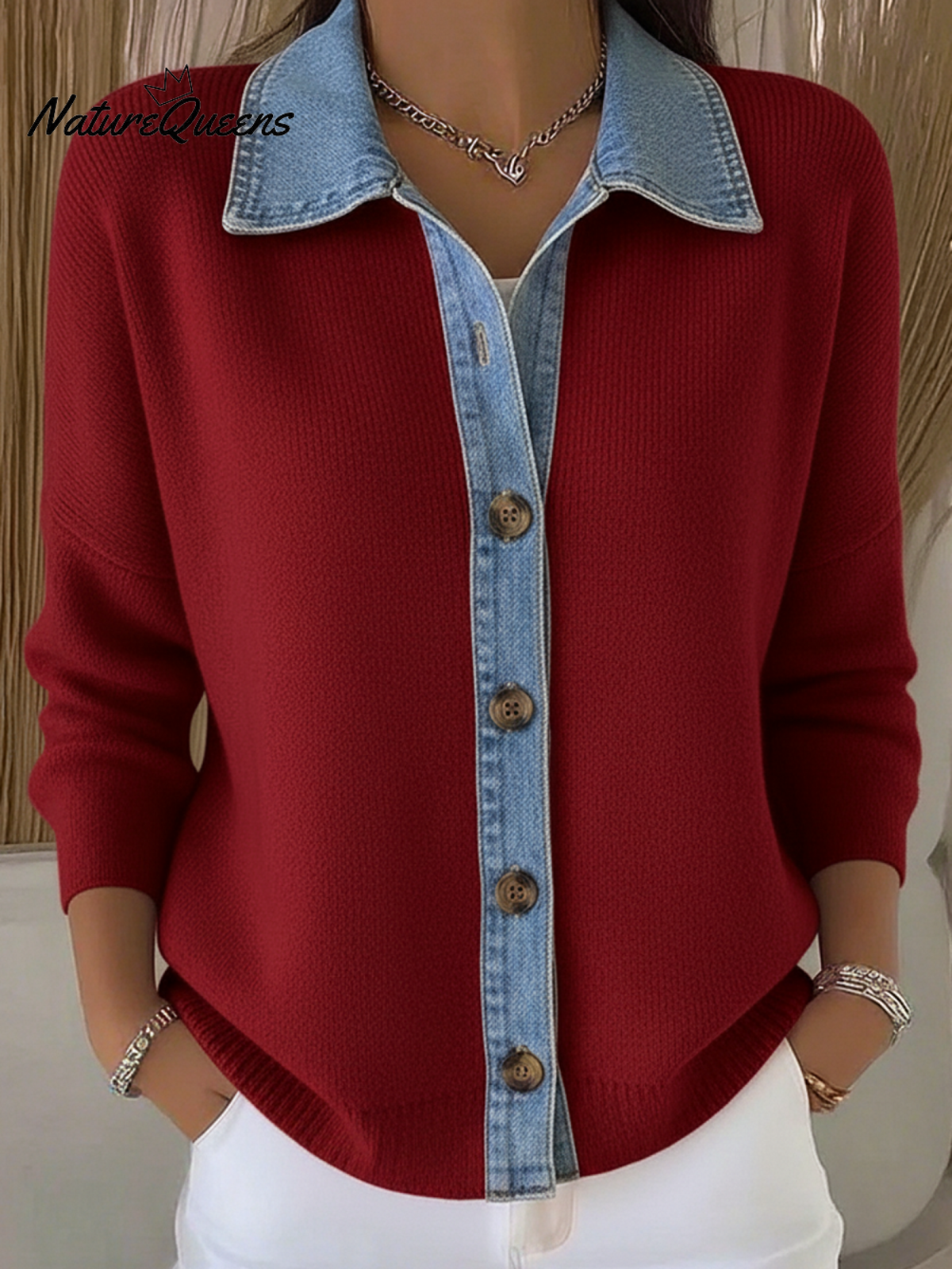 Denim Patchwork Polo Collar Button-down Knitted Cardigan Sweater