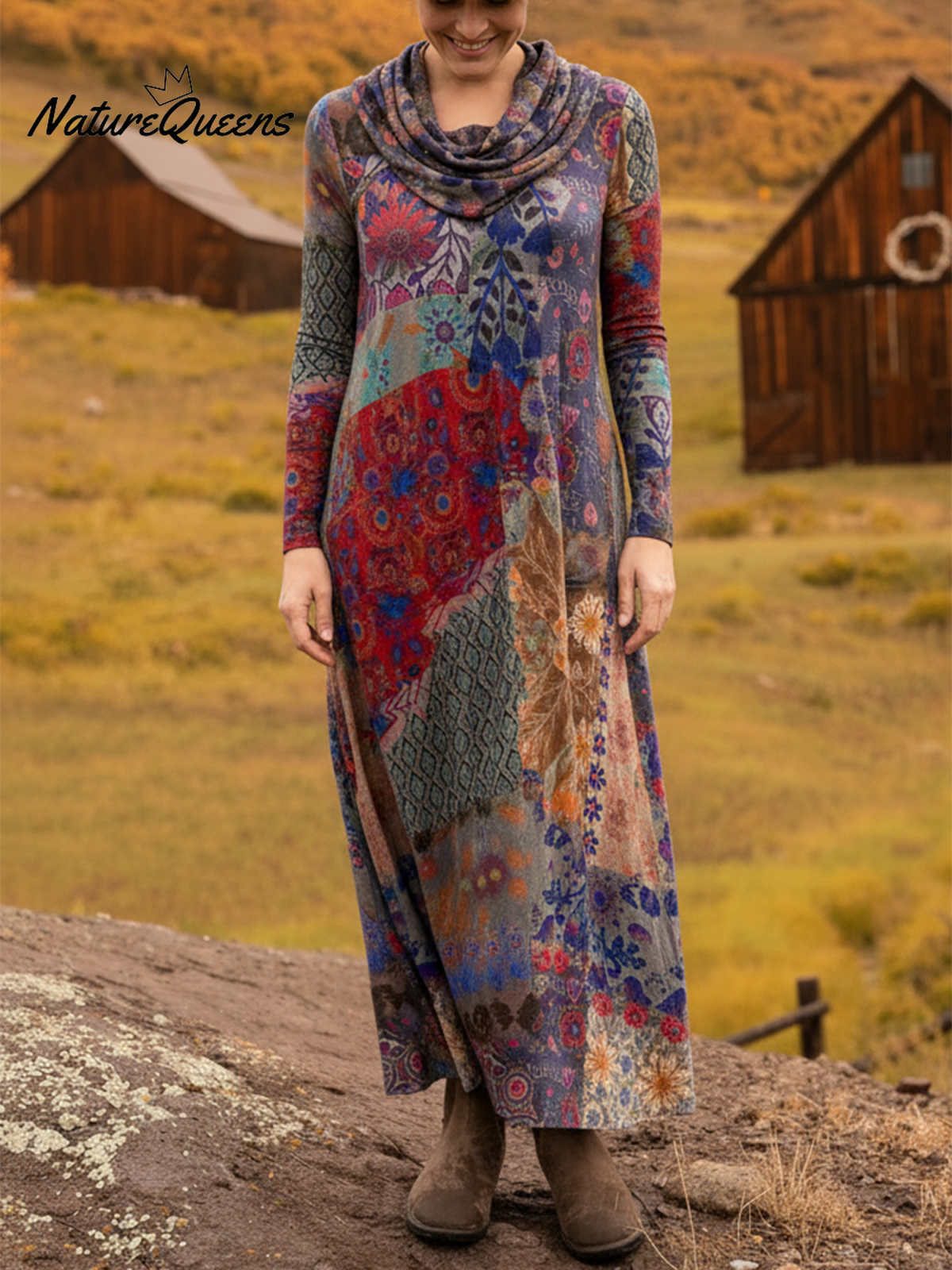 Women's Boho Boat-Shaped Collar Floral Print Stretch Dress