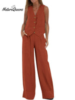 Women's Fashion Solid Color Vest Trousers Collage Stitching Cotton and Linen Casual Suit
